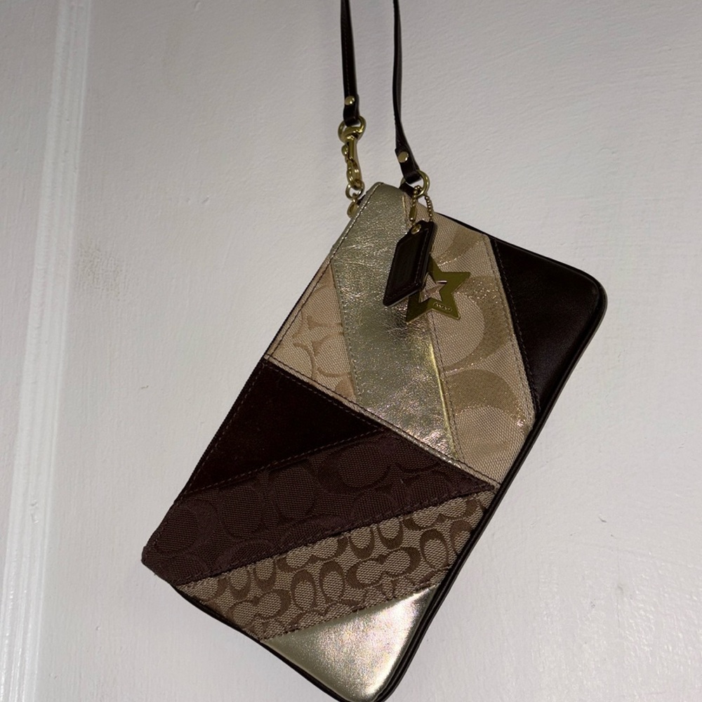Coach Patchwork Wristlet in Brown, Tan & Gold